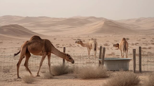 Three camels in a desert landscape near a water trough and wire fence, 4k video