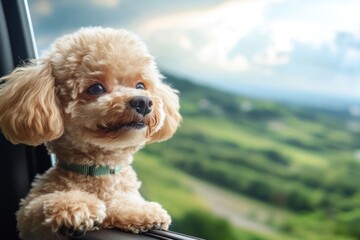 A small, fluffy dog with a green collar is sitting on the windowsill, looking out at the picturesque landscape of rolling hills and trees.