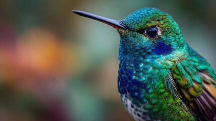 Obraz premium Vibrant Emerald Hummingbird Perched, Showcasing Iridescent Plumage and Detailed Features.