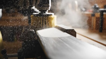 Close up of a rotary brush polishing a black ski base in a workshop with flying dust particles. Professional winter sports equipment maintenance and repair service concept.