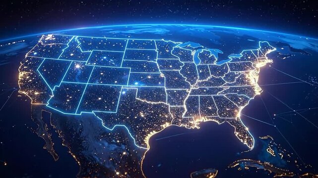 Stunning Nighttime View of the United States Illuminated with City Lights.
