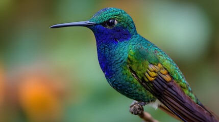 Obraz premium Vibrant Hummingbird Perched on a Branch - A Stunning Display of Natures Beauty and Colorful Plumage.