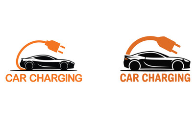 Electric Car Charging Logo with Power Cable and Vehicle Silhouette
