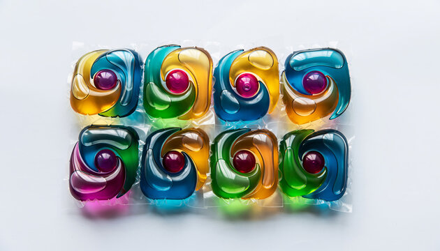 Colorful laundry pods arranged neatly on a white surface in a bright environment