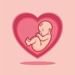 Adorable baby fetus curled peacefully inside a loving pink heart illustration.