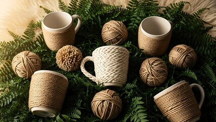 Mugs wrapped in twine on ferns