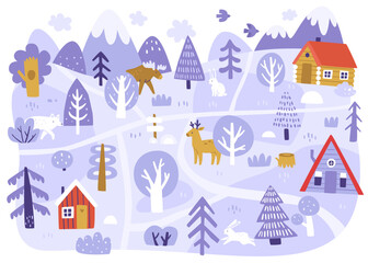 Scandinavian winter map for kids carpet. Cartoon winter landscape with wild animals.