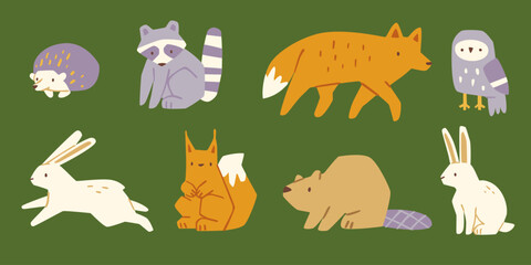 Wild animals doodle set. Cartoon forest animals collection.