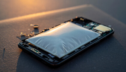 Smartphone repair shows opened device with internal parts in late evening light