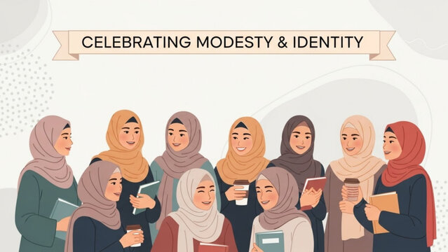 Diverse group of Muslim women in hijab celebrating modesty and identity vector illustration for cultural awareness and community themes