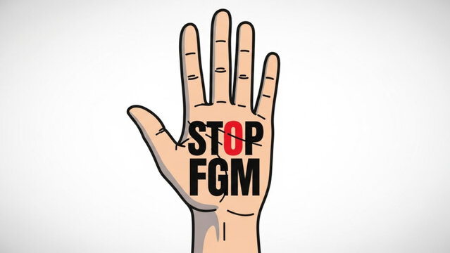 Hand with STOP FGM text symbolizing protest against female genital mutilation isolated on white background