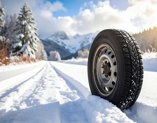 Snowy road with a tire resting on the side under a blue sky in winter