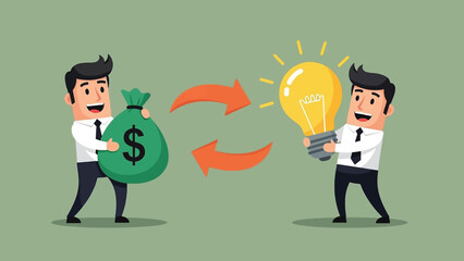 Cartoon Businessmen Exchanging Money for Ideas and Innovation Concept.