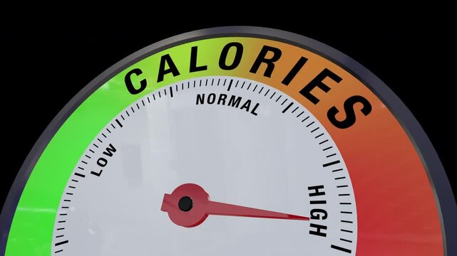 3D animation of a Calories gauge meter indicating low, normal, and high levels, designed for health awareness, cardiovascular monitoring, and medical education visuals.