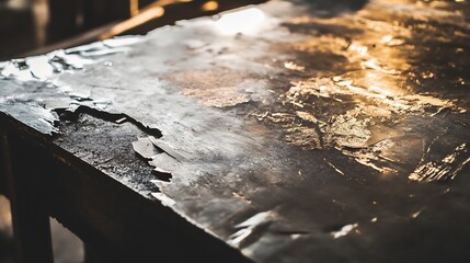 Rough textured sheet of metal with jagged edges reflecting the natural light in an industrial setting The sharp contrasts between the light and shadows enhance the ruggedness of the surface