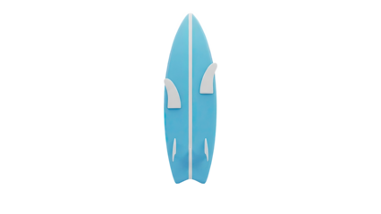 Blue surfboard with white fins on a white background