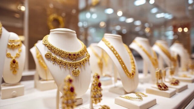 Assortment of elaborate gold necklaces and earrings displayed on white busts in a jewelry store showcase, 4k video