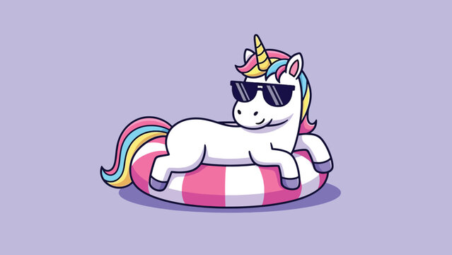 Cool cartoon unicorn with sunglasses relaxing on a striped inflatable ring.