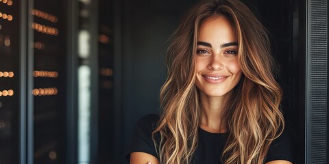 Young woman smiling in a modern dark space with soft glowing lights in background.