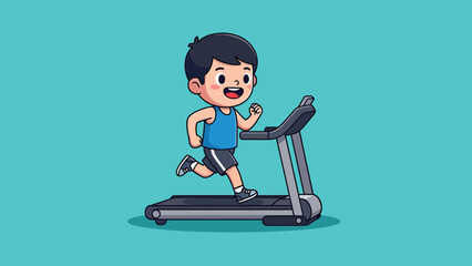 Cute cartoon boy running on a treadmill for fitness and exercise. © NFS Studio