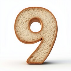A number 9 shape bread slice, alphabet lettering, isolated white
