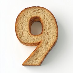 A number 9 shape bread slice, alphabet lettering, isolated white
