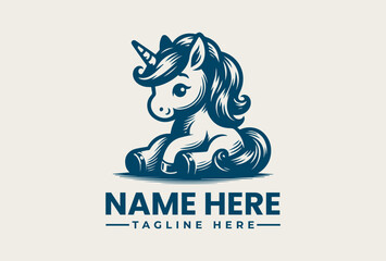 A minimalist blue illustration of a unicorn logo with a text placeholder in a clean, white background.