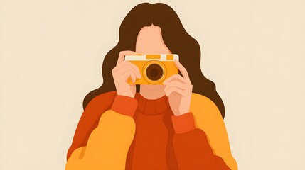 Woman Capturing Moment - Artistic Illustration of Photographer with Vintage Camera, Warm Tones.