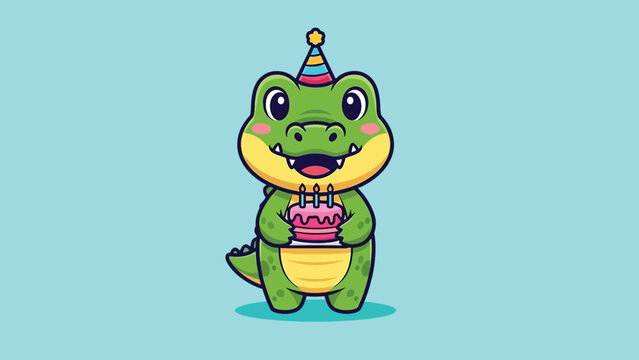 Cute Cartoon Green Alligator Celebrating Birthday with Cake and Party Hat.