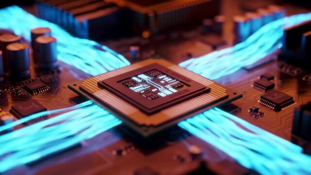 A close-up of a computer chip with blue neon-like lines crossing behind it on a circuit board