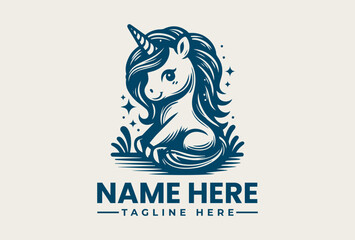 Fototapeta premium A blue vector illustration of a unicorn logo with a name and tagline placeholder in a whimsical design.