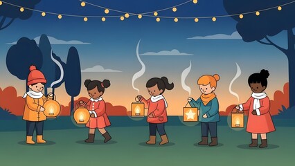Children holding lanterns in a magical outdoor setting