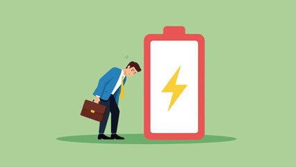 Exhausted businessman leaning on a charging battery icon symbolizing work fatigue and energy.
