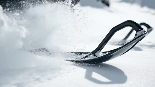 Close up of a black snowmobile ski gliding through fresh white snow. A dynamic winter scene capturing the thrill of extreme sports. Perfect for travel, adventure, and holiday projects.