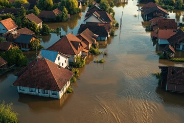 A flooded residential area with houses partially submerged in water, surrounded by lush greenery and trees.