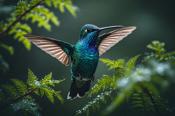 Obraz premium Iridescent Teal Hummingbird Hovering with Spread Wings Amidst Lush Green Ferns in Forest