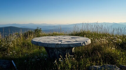 Round stone table perched on a mountaintop surrounded by tall grasses and wildflowers with sweeping views of distant mountain ranges and clear blue skies ideal for meditation or relaxation