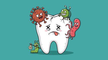Sad cartoon tooth with X eyes attacked by various menacing bacteria and germs illustrating dental decay.