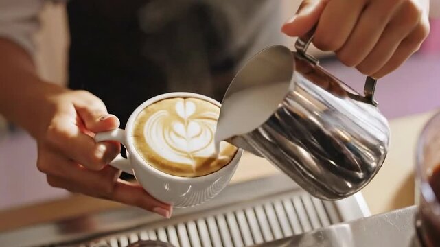 Barista skillfully pours latte art into a fresh cup of coffee.