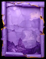 Torn purple parchment revealing an abstract landscape with a golden glow