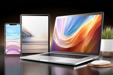 Modern tech workspace with tablet and laptop on wooden desk beside lamp and plant