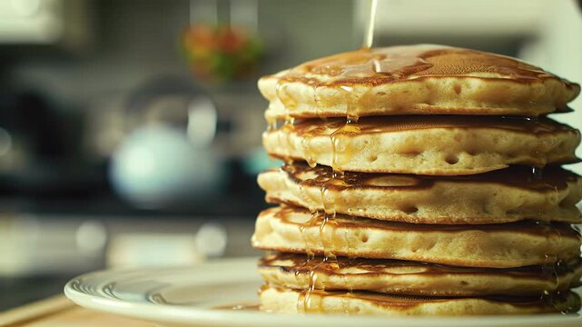 A stack of golden pancakes on a white plate being drizzled with syrup
