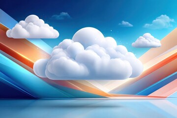 Blue digital cloud icon floating on an abstract background with a golden platform for technology and cloud computing visuals