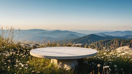 Round stone table perched on a mountaintop surrounded by tall grasses and wildflowers with sweeping views of distant mountain ranges and clear blue skies ideal for meditation or relaxation