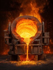 Obraz premium Molten Steel Pouring: A dramatic close-up of a crucible pouring molten steel, the fiery glow of the metal contrasting against the cool, industrial setting.