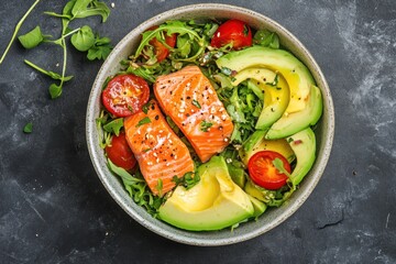 A vibrant salad bowl filled with fresh greens, ripe tomatoes, and slices of salmon, topped with a drizzle of olive oil and a sprinkle of herbs.