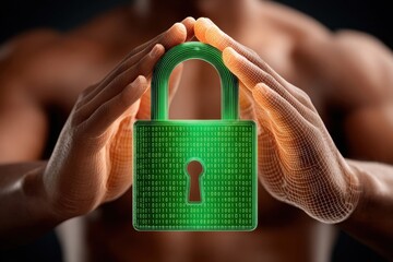 Green digital padlock surrounded by protective hands symbolizing cybersecurity and data security