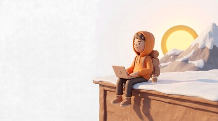 Cute 3D Character Remote Working in Winter Mountains with Laptop