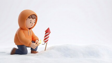 Festive Cartoon Boy Lighting Firework in Snow for Winter Celebration