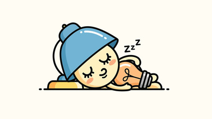 Cute cartoon lightbulb sleeping soundly with a blue lampshade on its head.